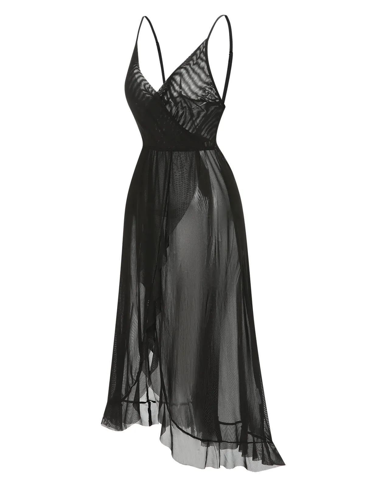 1930s Solid V-Neck Ruffle Sheer Nightgown