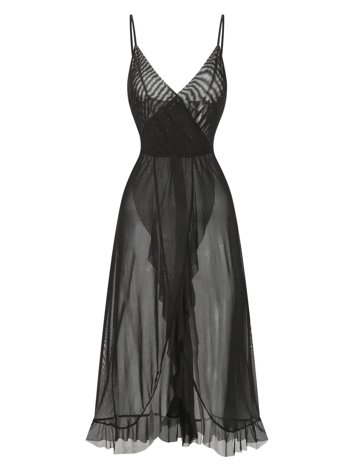 1930s Solid V-Neck Ruffle Sheer Nightgown