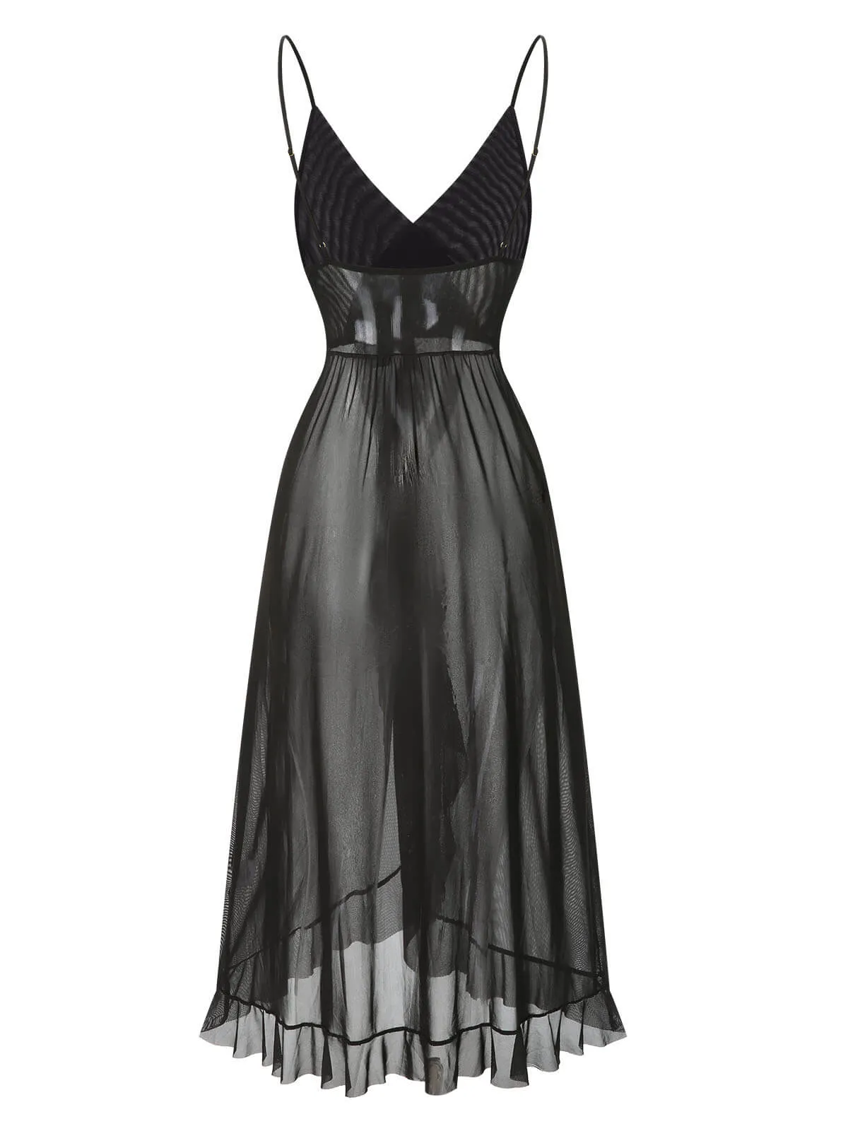 1930s Solid V-Neck Ruffle Sheer Nightgown