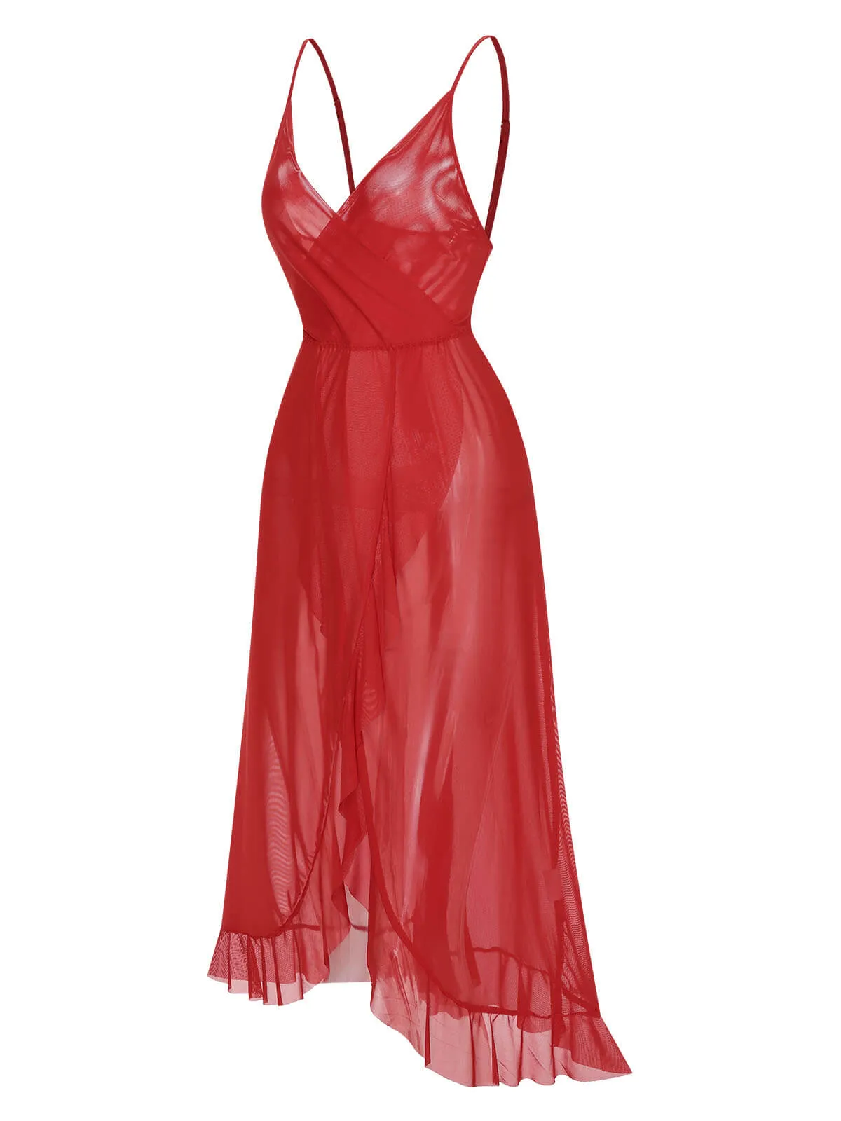 1930s Solid V-Neck Ruffle Sheer Nightgown