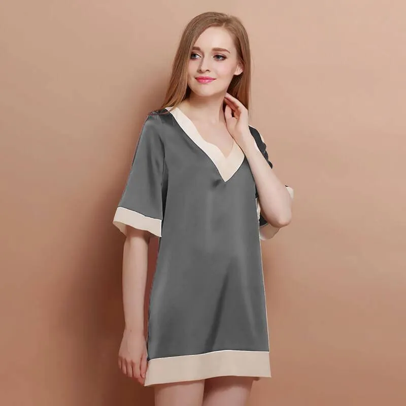 22MM Classic V Neck Women Silk Nightgown 100%  Silk Short Sleeves Sleep Dress Sleepwear