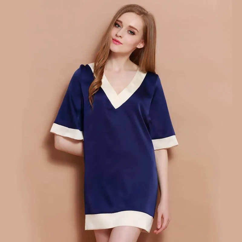 22MM Classic V Neck Women Silk Nightgown 100%  Silk Short Sleeves Sleep Dress Sleepwear