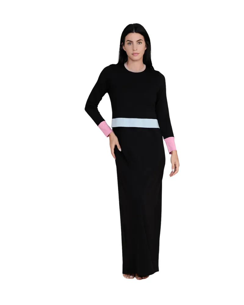 709 Color Block Black Cotton Nursing Nightgown