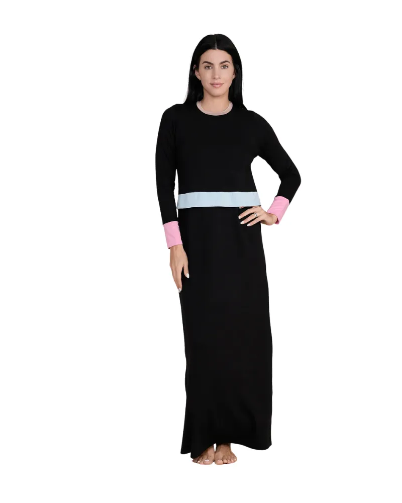 709 Color Block Black Cotton Nursing Nightgown