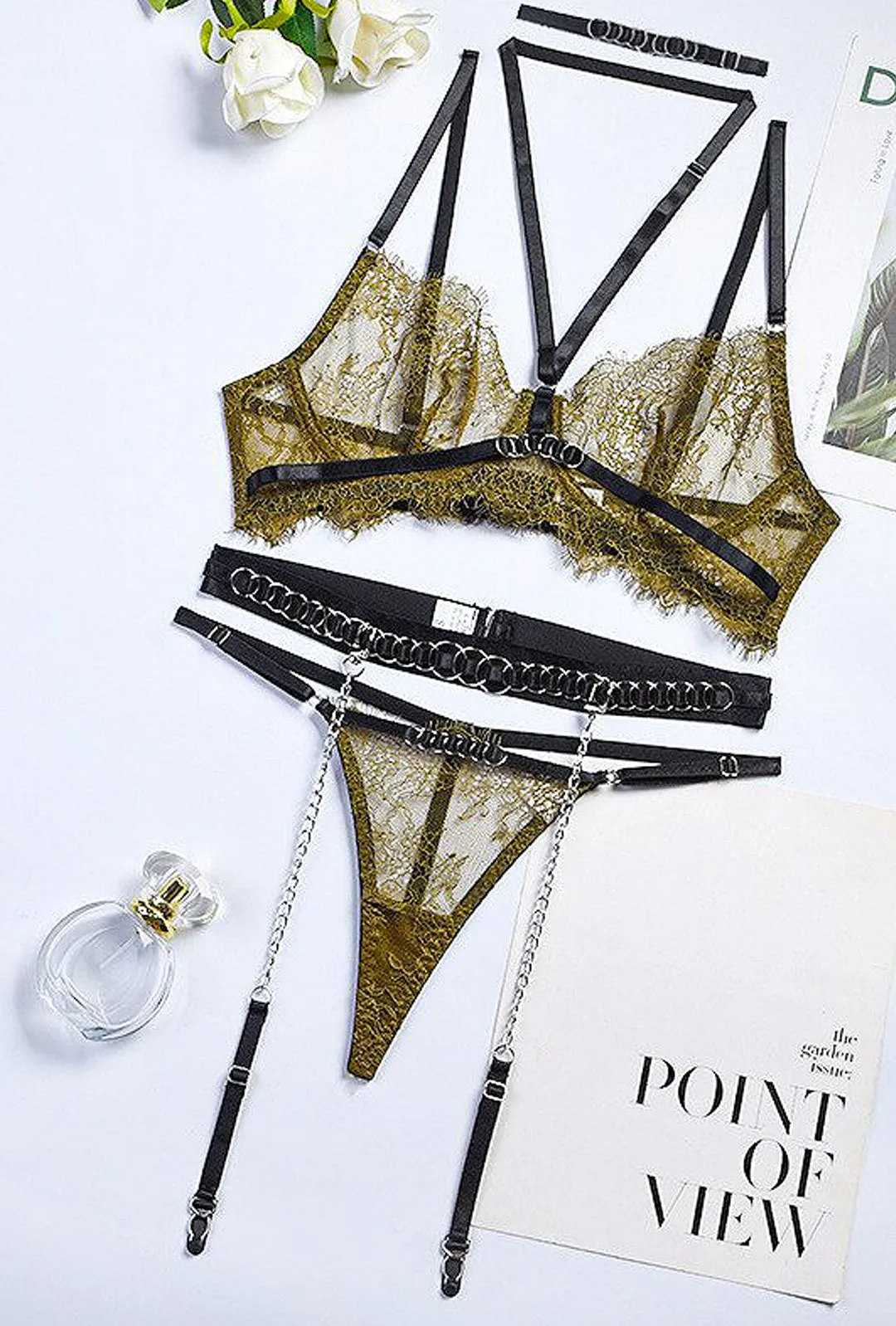 AURORA - 3 PIECE LACE & CHAIN LINGERIE SET