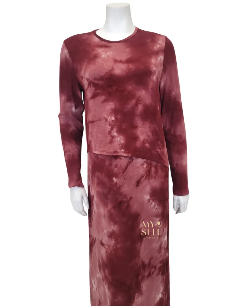 C-6522 Burgundy Tie Dye Ribbed Modal Nursing Nightgown