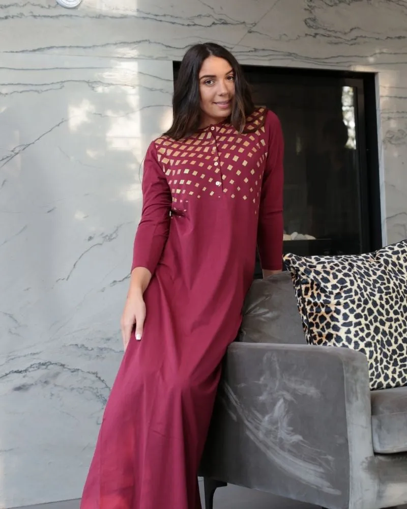 CH6758A Deco Rose Geometric Shimmer Button Down Cotton Nightgown