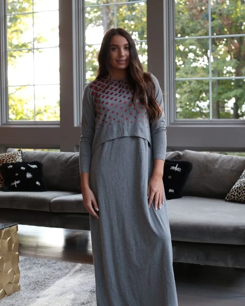 CH6758B Charcoal Grey Geometric Shimmer Cotton Nursing Nightgown