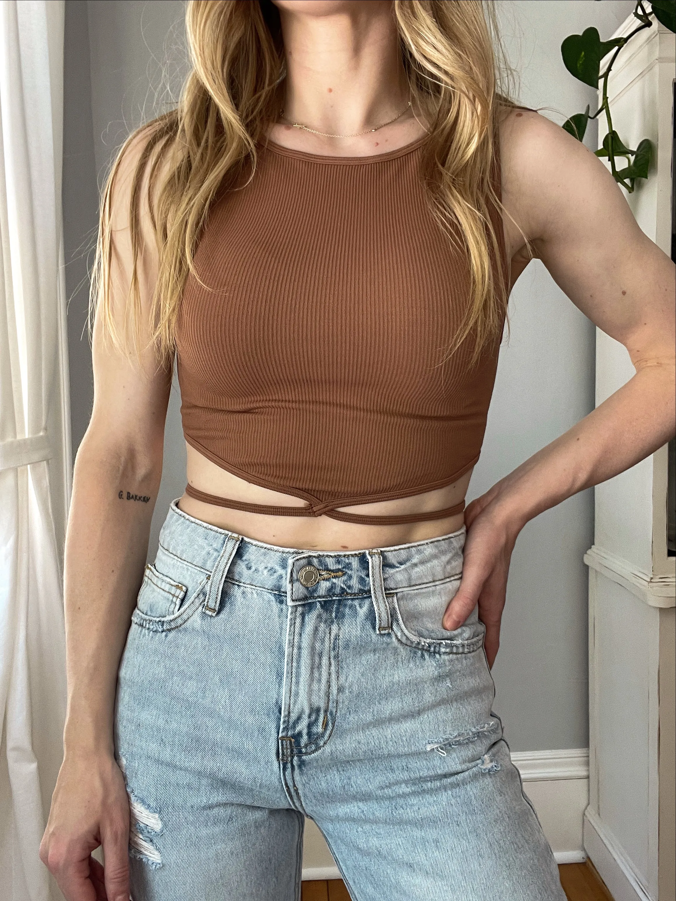 Cognac Ribbed Tie Waist Crop Top