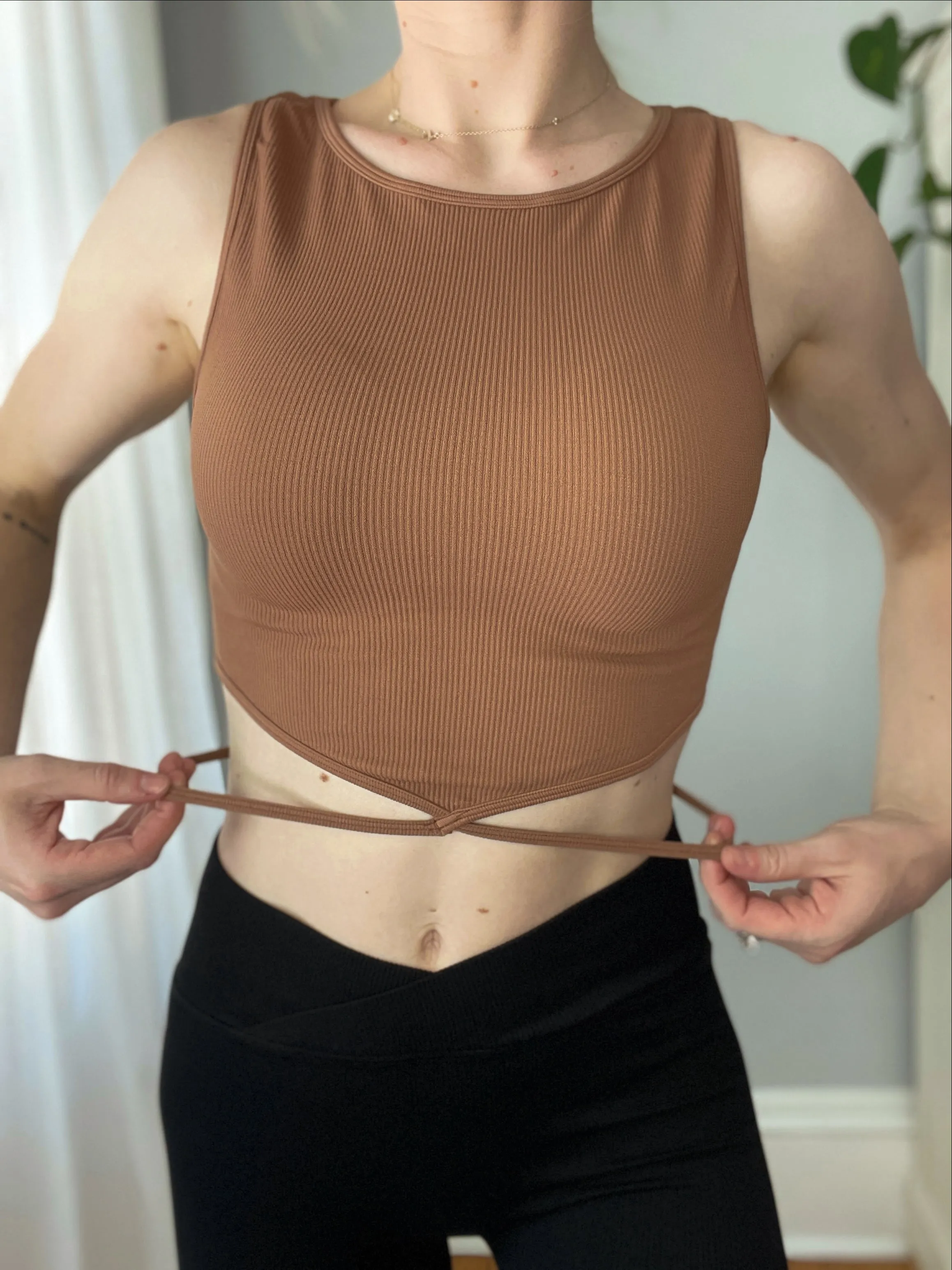 Cognac Ribbed Tie Waist Crop Top