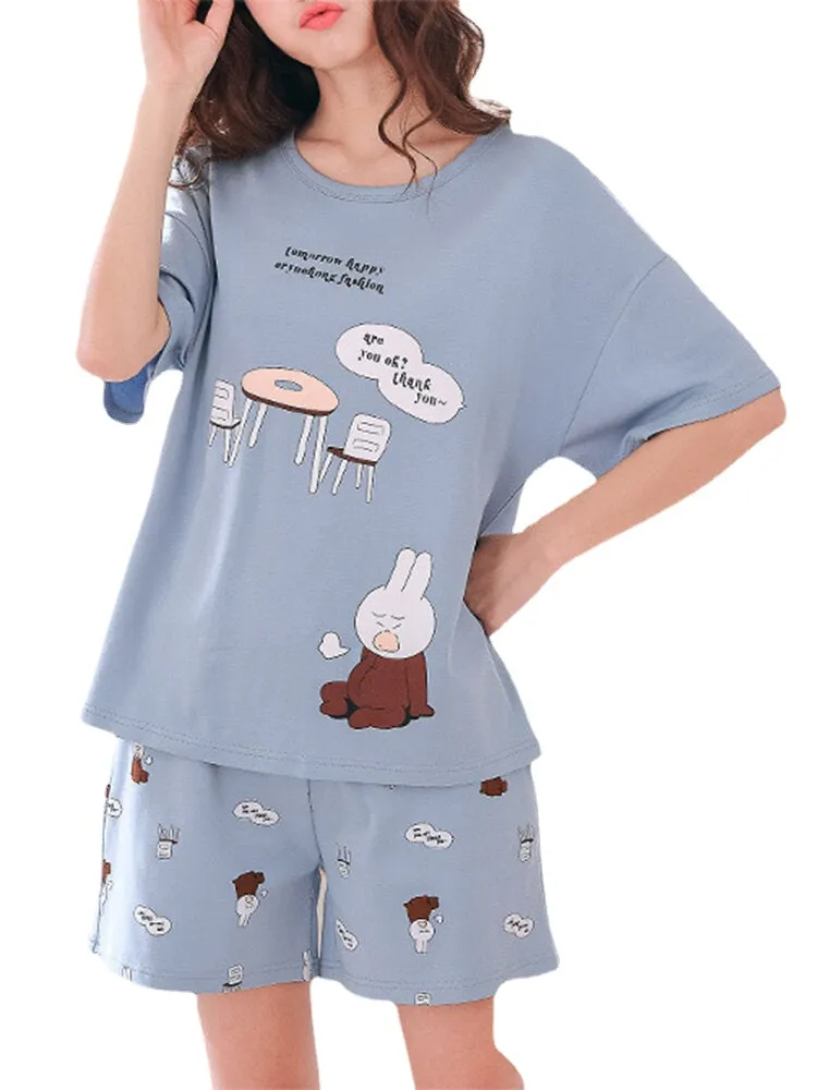 Cute Cartoon Print Short Sleeve Loose Two Piece Pajama Set For Women