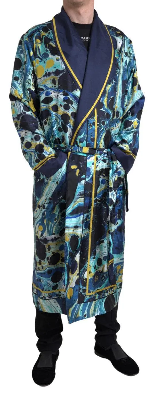 Dolce & Gabbana Marble Blue Silk Waist Belt Robe Sleepwear