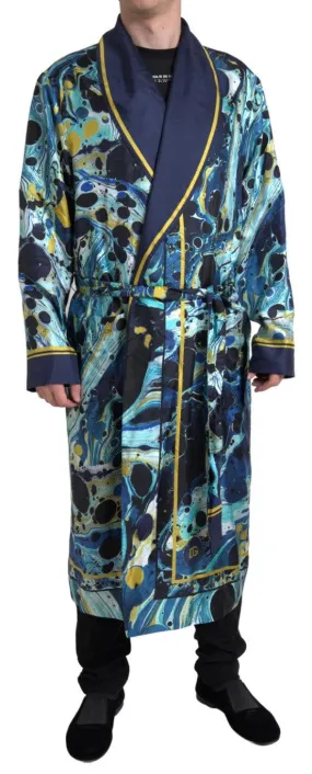 Dolce & Gabbana Marble Blue Silk Waist Belt Robe Sleepwear