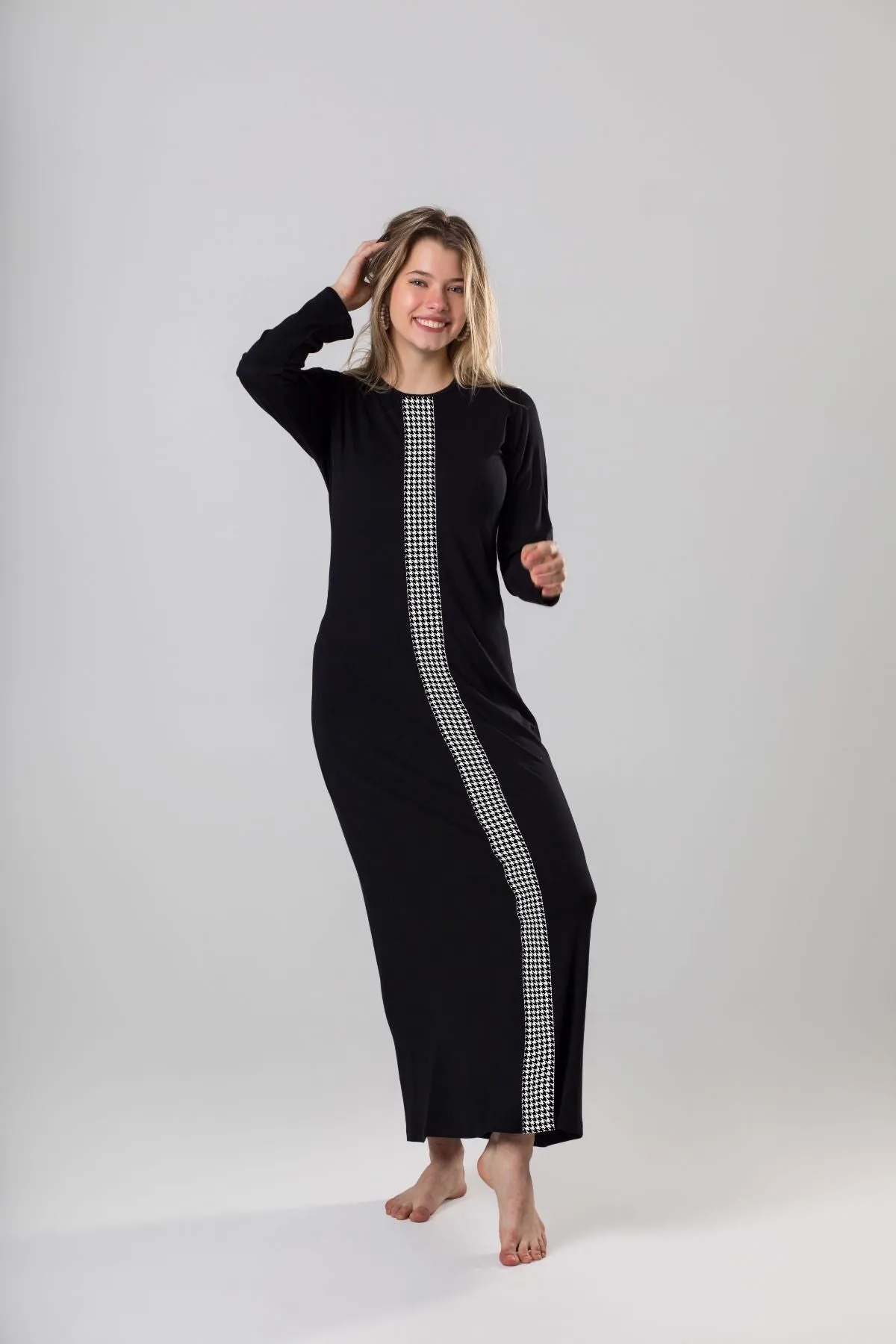 Ellwi Black Modal Nightgown with Houndstooth Print