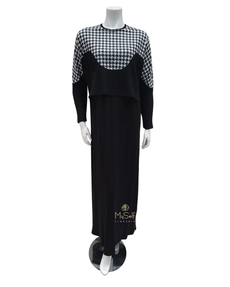 Ellwi Dolman Sleeve Houndstooth Black Cotton Nursing Nightgown