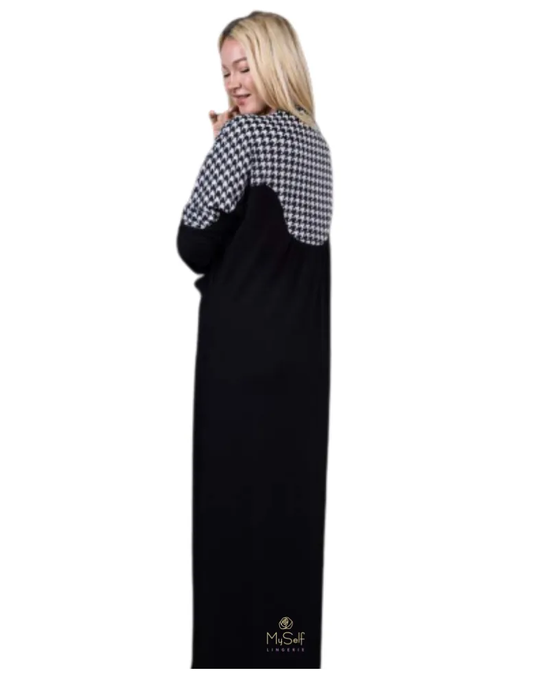 Ellwi Dolman Sleeve Houndstooth Black Cotton Nursing Nightgown