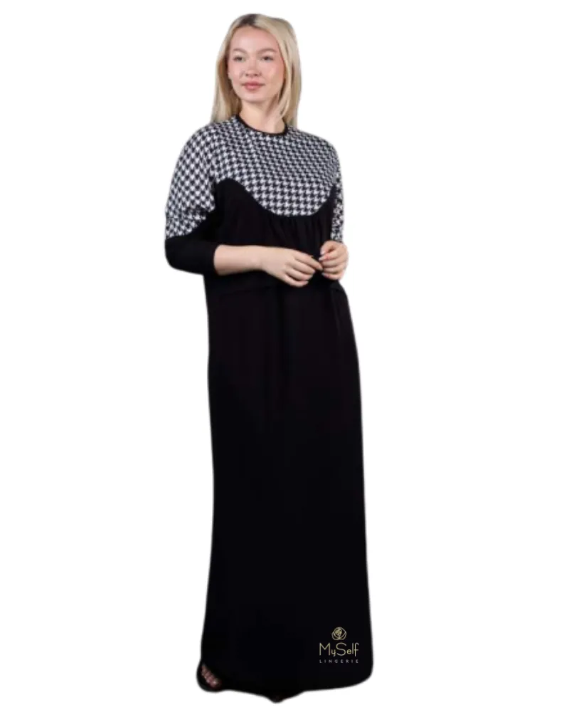 Ellwi Dolman Sleeve Houndstooth Black Cotton Nursing Nightgown