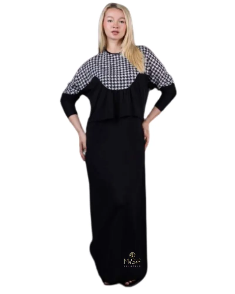 Ellwi Dolman Sleeve Houndstooth Black Cotton Nursing Nightgown