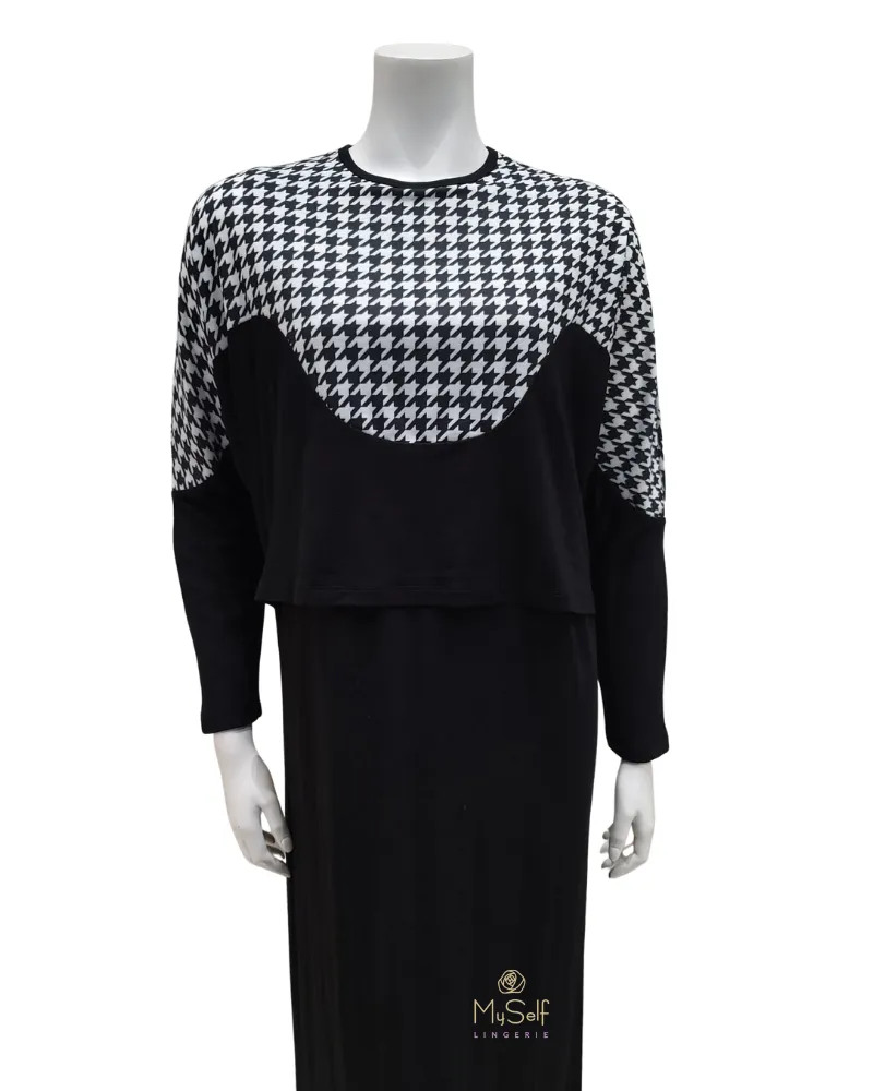 Ellwi Dolman Sleeve Houndstooth Black Cotton Nursing Nightgown