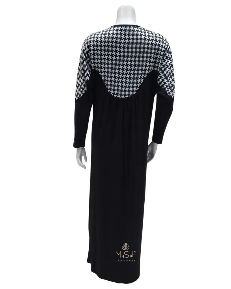 Ellwi Dolman Sleeve Houndstooth Black Cotton Nursing Nightgown