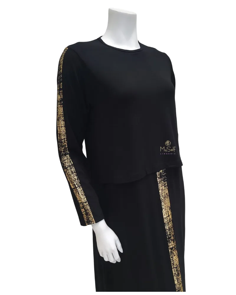 Ellwi Gold Foil Black Cotton Nursing Nightgown