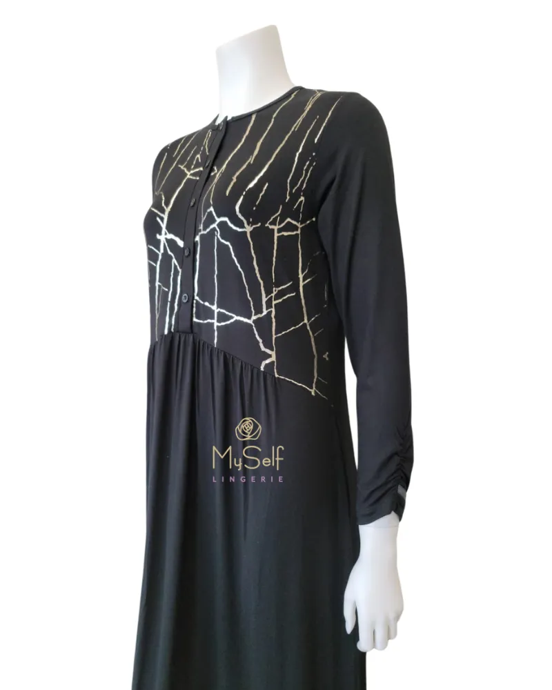 Ellwi Gold Print Black Button Down Cotton Nightgown