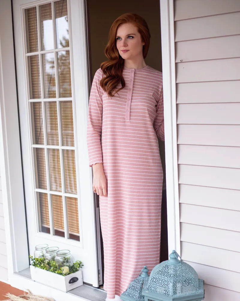 Ellwi Pink Stripes Button Down Cotton Nightgown