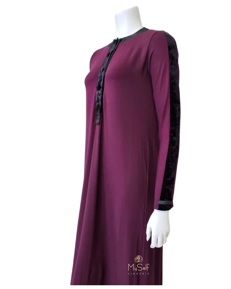 Ellwi Plum Cotton Nightgown with Crushed Velvet Trim