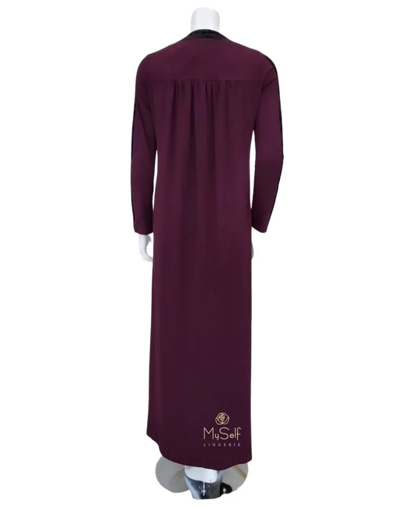 Ellwi Plum Cotton Nightgown with Crushed Velvet Trim