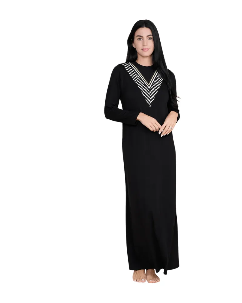 Ellwi V Style Trim Black Cotton Pull On Nightgown