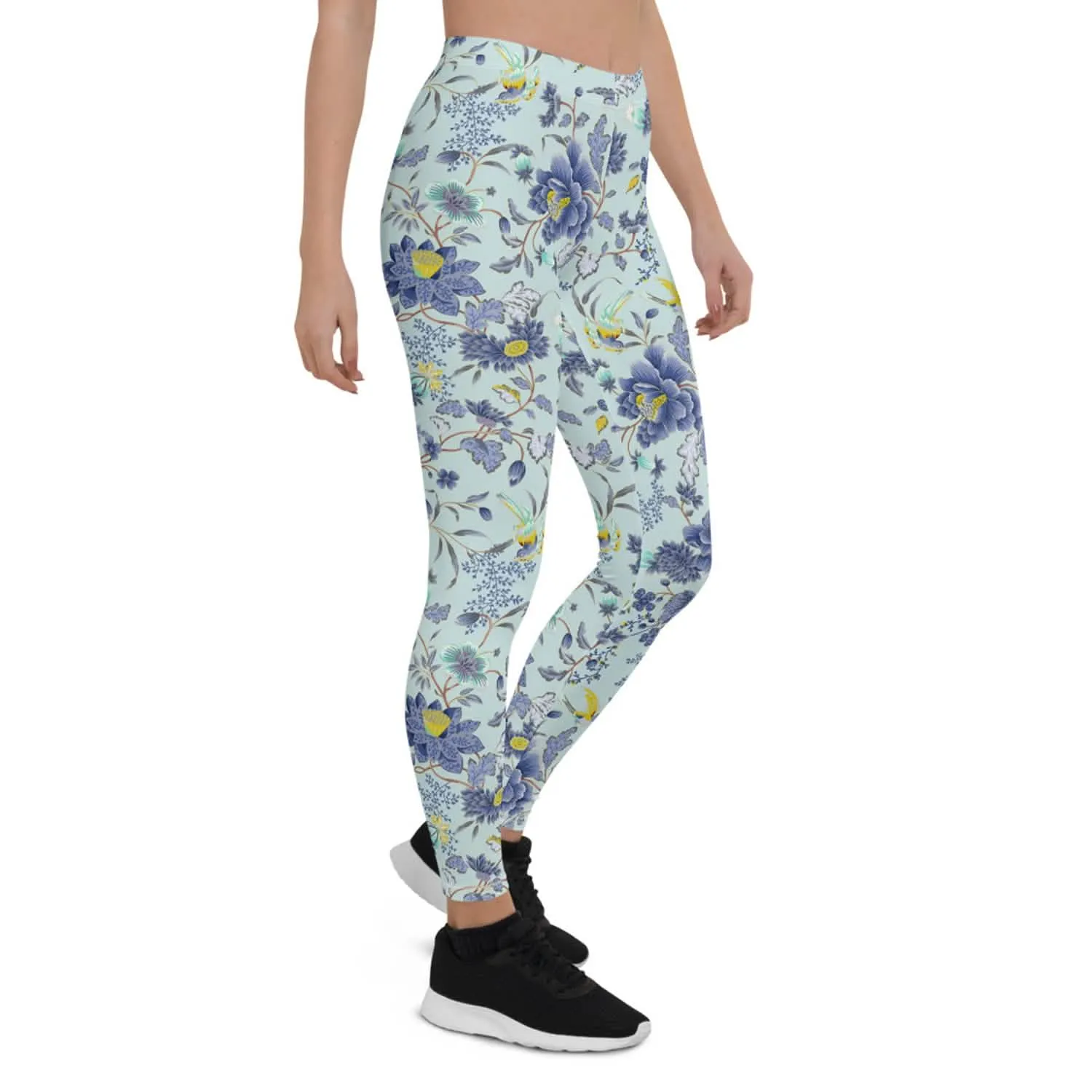 Exotic Floral Leggings on Sky Blue Background