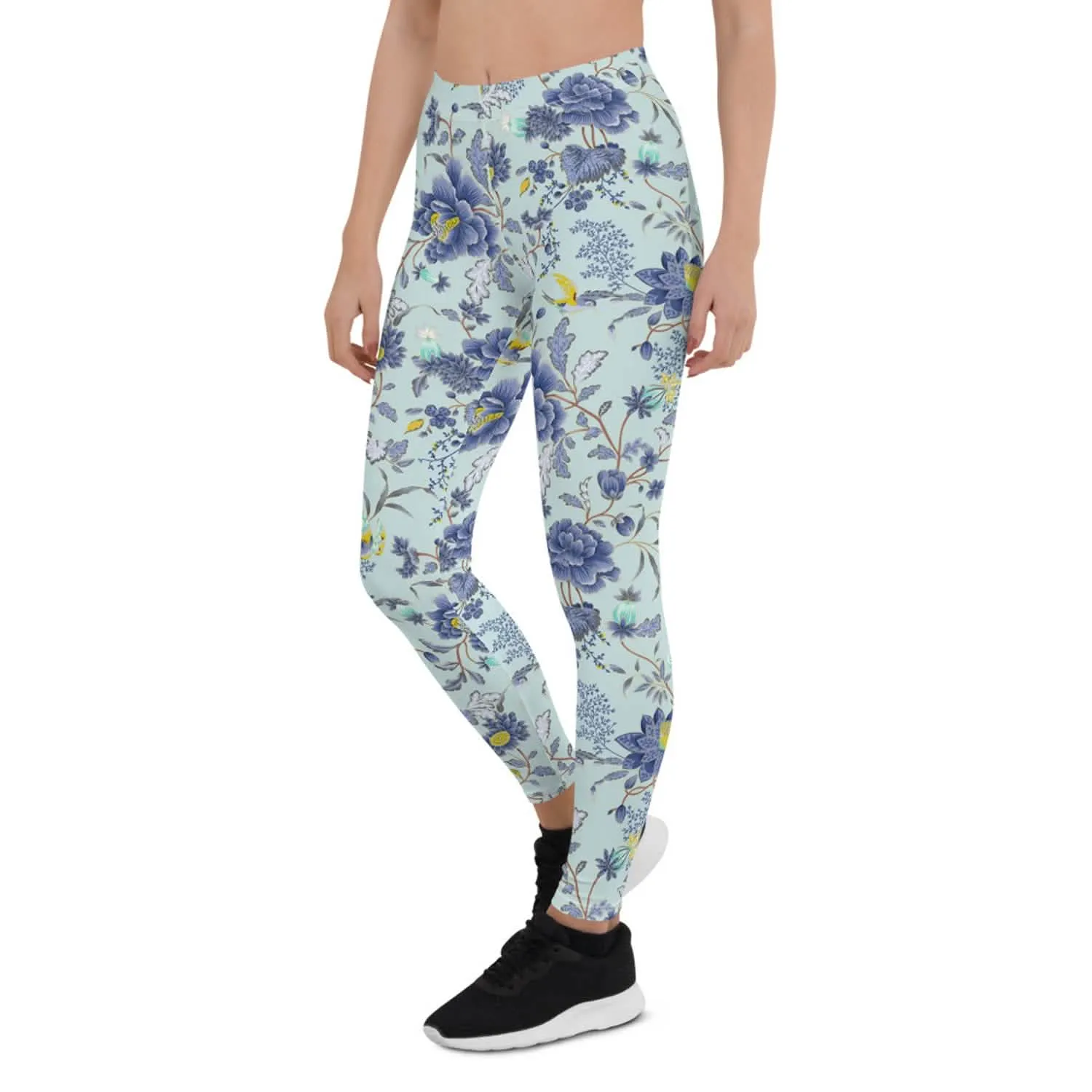 Exotic Floral Leggings on Sky Blue Background