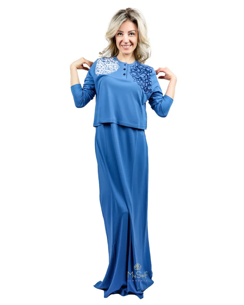 FW21N08B Flocked Hydrangea Cobalt Cotton Nursing Nightgown