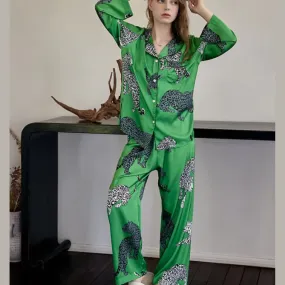 Green Leopard Printed Women Sleepwear Silk