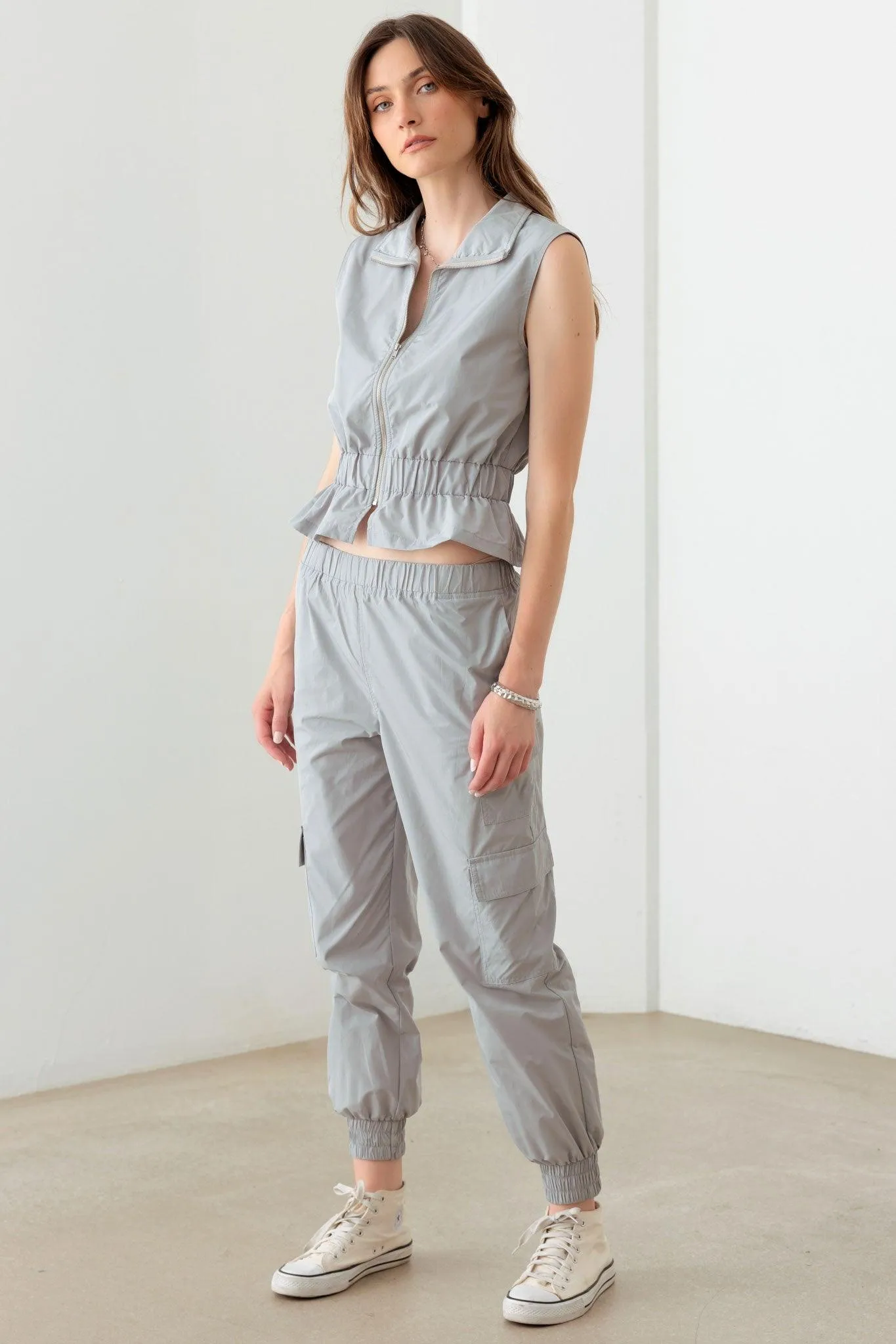 Grey Sleeveless Zipper Top Vest & Cargo Jogger Set