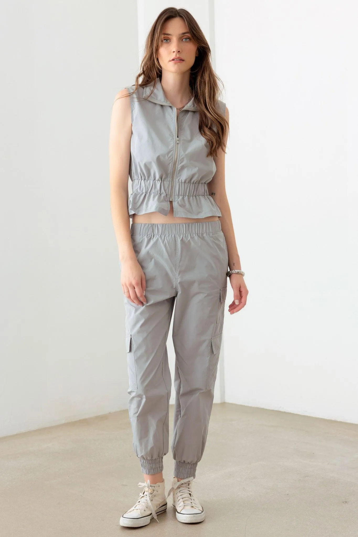 Grey Sleeveless Zipper Top Vest & Cargo Jogger Set