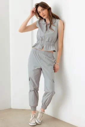 Grey Sleeveless Zipper Top Vest & Cargo Jogger Set