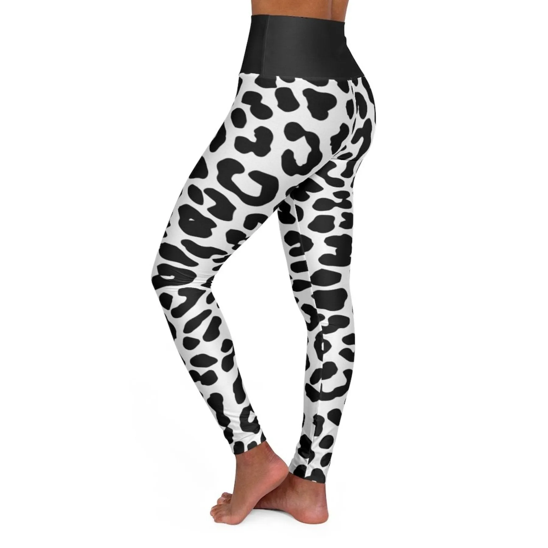 High Waisted Yoga Leggings, Black And White Two-Tone Leopard Style Pants