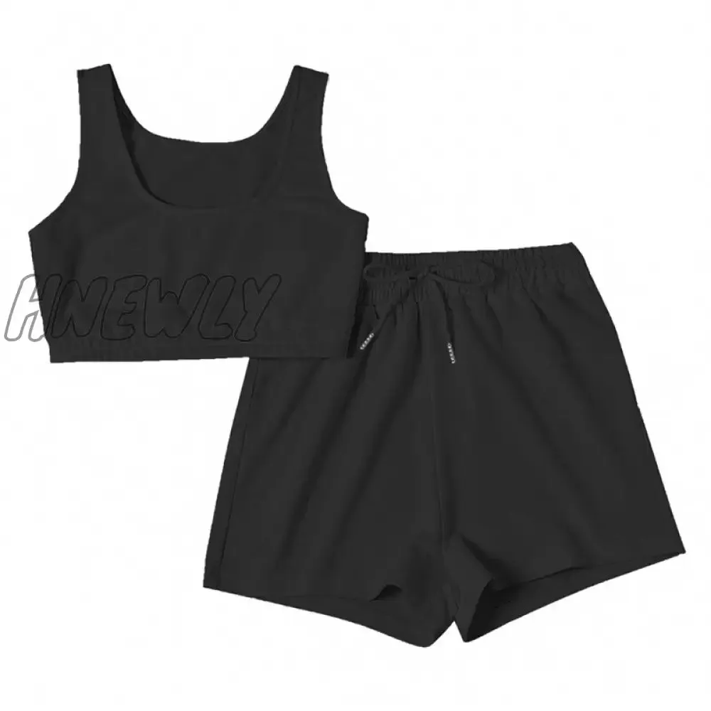 Hnewly Casual Solid shorts sets Women Crop Top Two Piece And Drawstring Shorts Matching Sportswear Set Summer Athleisure Outfits