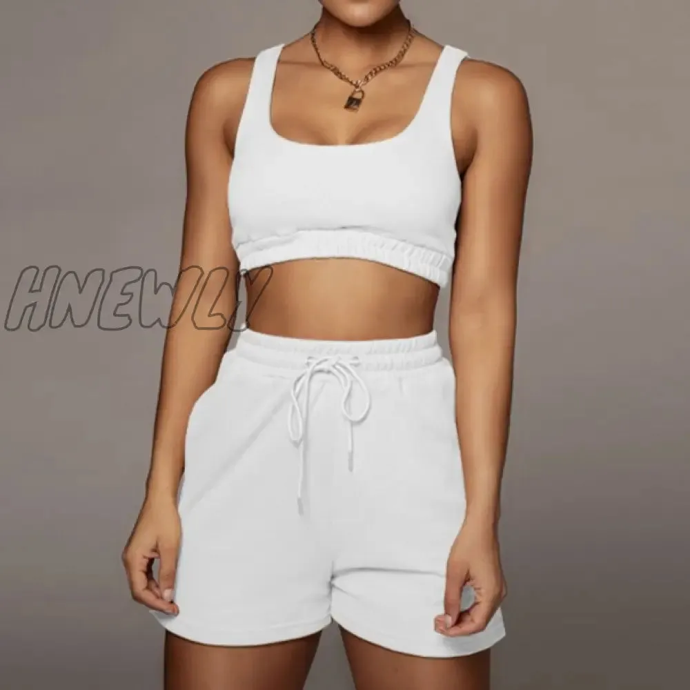 Hnewly Casual Solid shorts sets Women Crop Top Two Piece And Drawstring Shorts Matching Sportswear Set Summer Athleisure Outfits