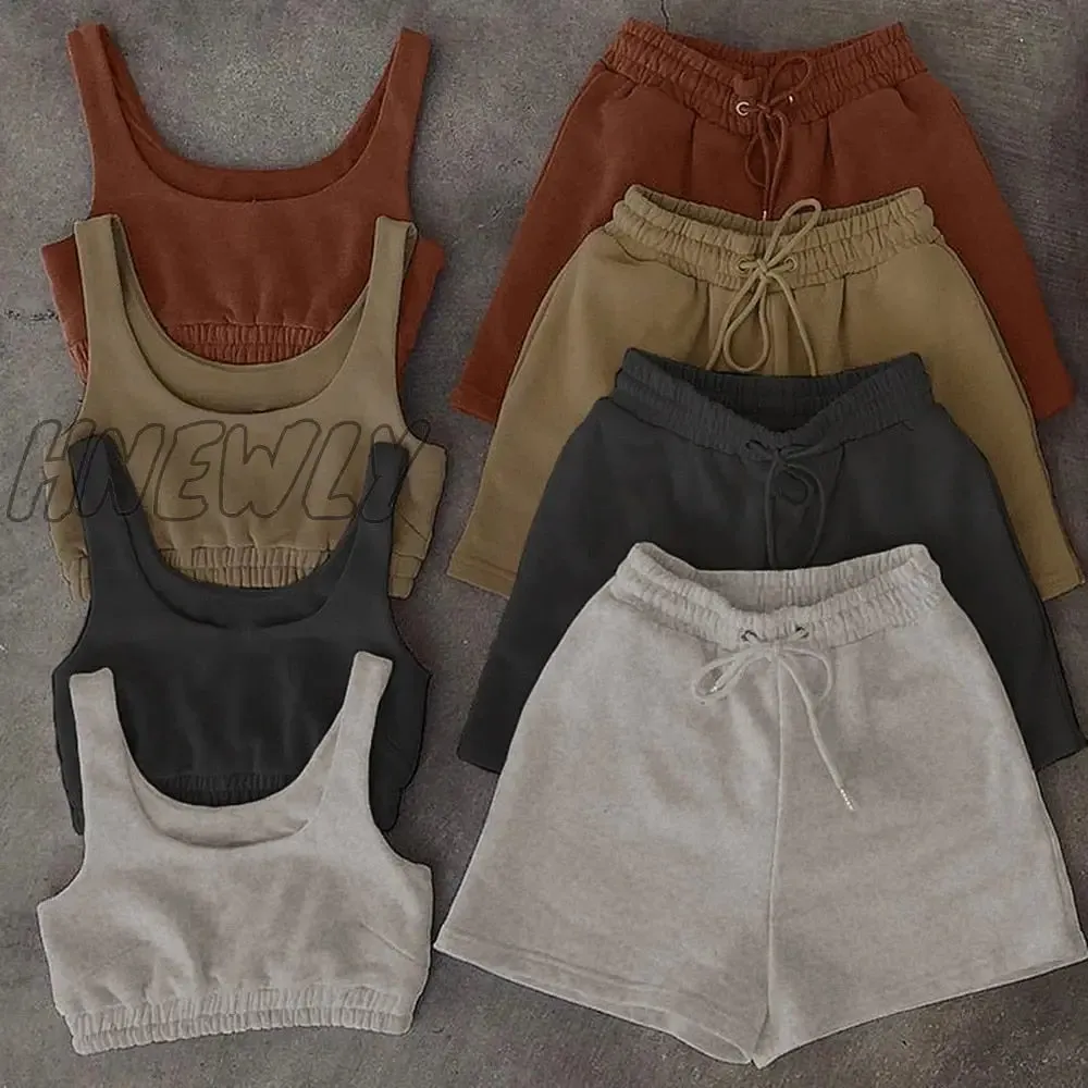 Hnewly Casual Solid shorts sets Women Crop Top Two Piece And Drawstring Shorts Matching Sportswear Set Summer Athleisure Outfits