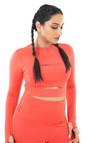 Hot Coral Orange Thumbhole Crop Top