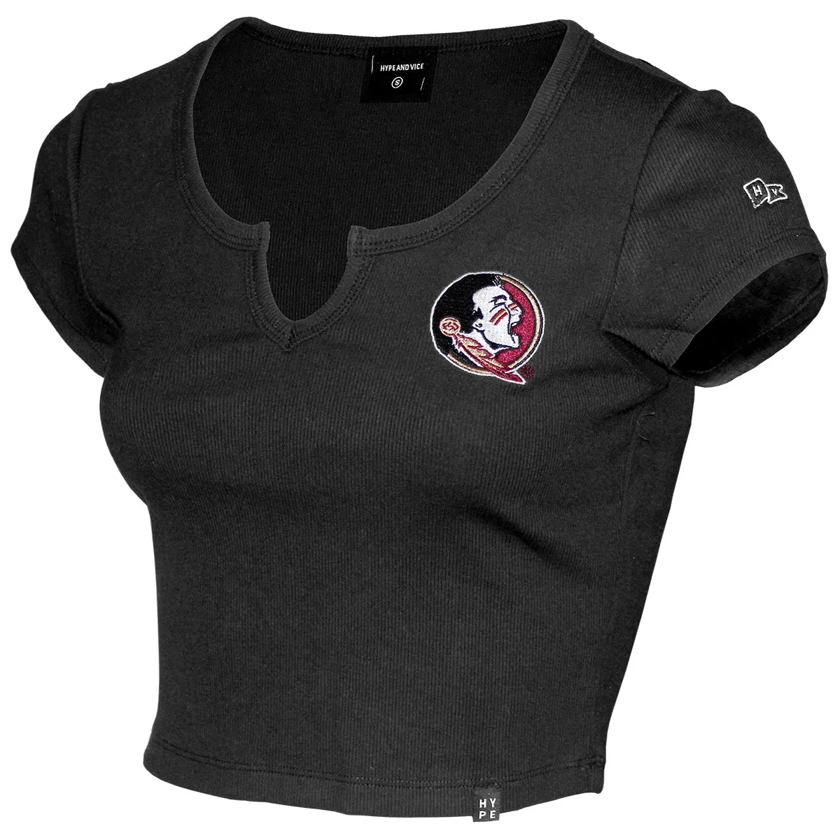 Hype & Vice Women's Seminole Logo V-Cut Short Sleeve Ribbed Crop - Black