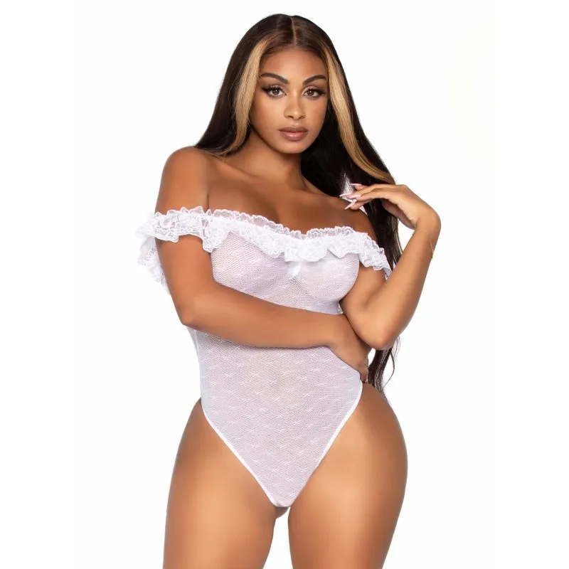 Lace Ruffle Snap Crotch Teddy - One Size - White