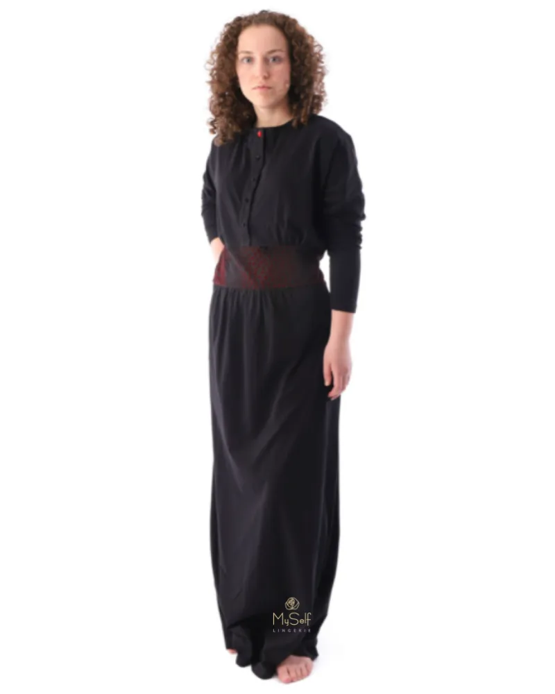 Laurel Black Flocked Midriff Button Down Nightgown