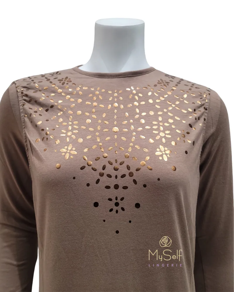 LN096C Gold Foil Lace Effect Hot Mocha Mix Nursing Coverall Nightgown