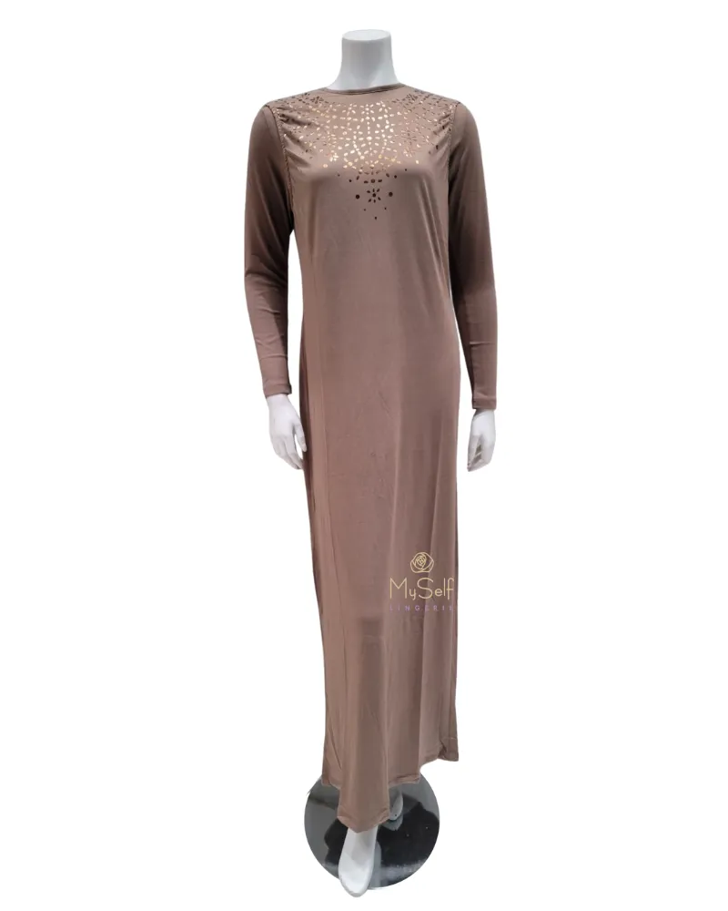 LN096C Gold Foil Lace Effect Hot Mocha Mix Nursing Coverall Nightgown