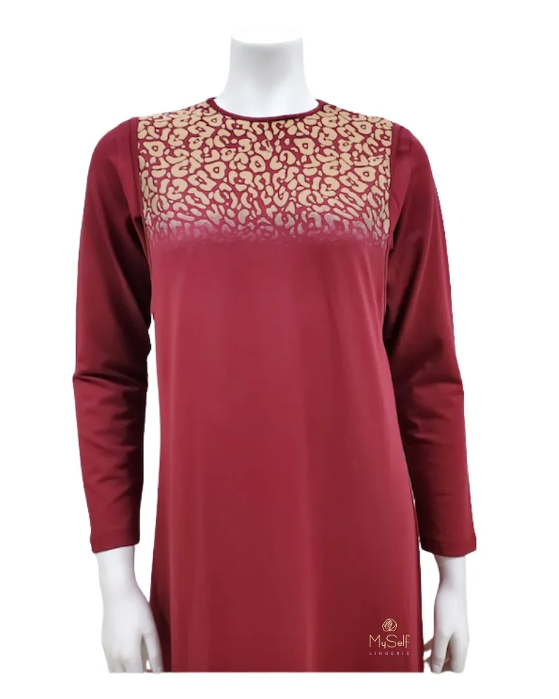 LN899C Burgundy Leopard Flock Coverall Modal Nightgown