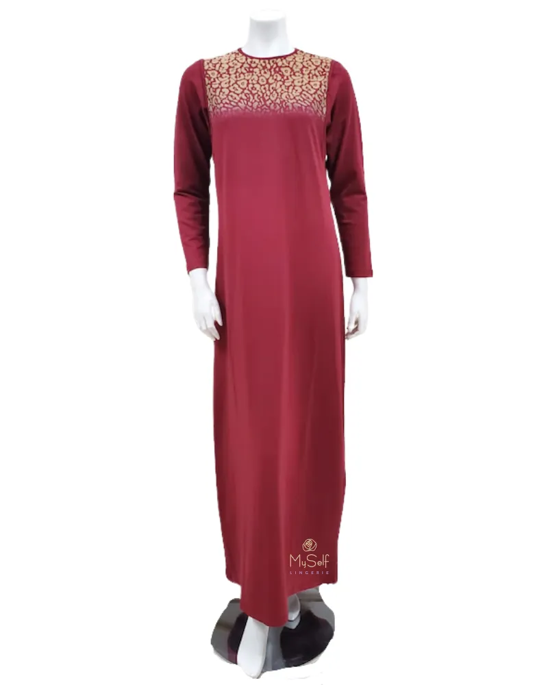 LN899C Burgundy Leopard Flock Coverall Modal Nightgown