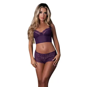 Magic Silk Leather & Lace Balconette Bustier & Cheeky Short Plum S/M